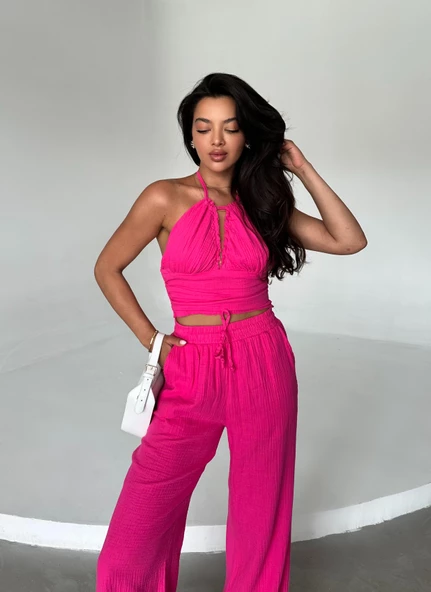 Fuşya Crop Pantolon Müslin Takım - 5