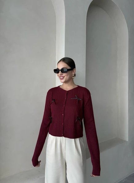 Bordo Mini Kurdele Düğmeli Hırka - Resim 5