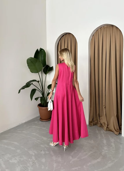 Fuşya Kolsuz Prenses Model Uzun Elbise - 7