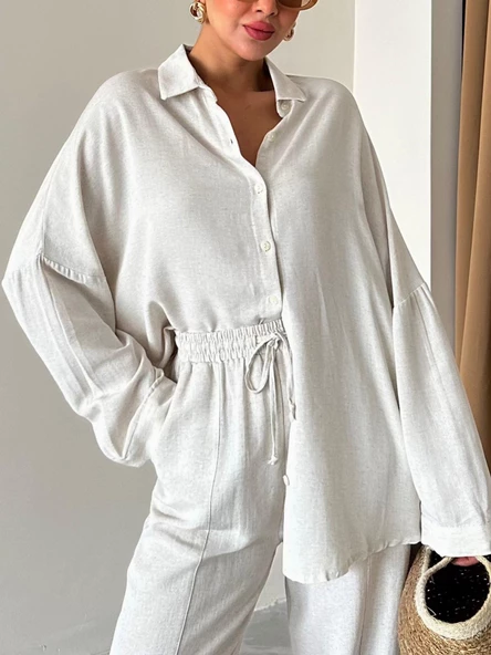 Taş Oversize Düşük Omuz Keten Gömlek