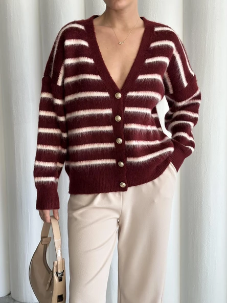 Bordo-Ekru Yumoş Enine Çizgili Hırka - 2