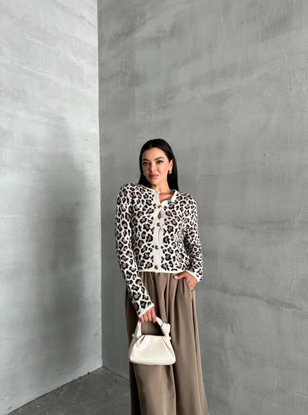Ekru Leopar Twin Düğmeli Triko Hırka - 5