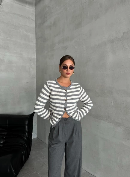 Gri-Krem Mia Örme Yan Çizgili Hırka - Resim 4