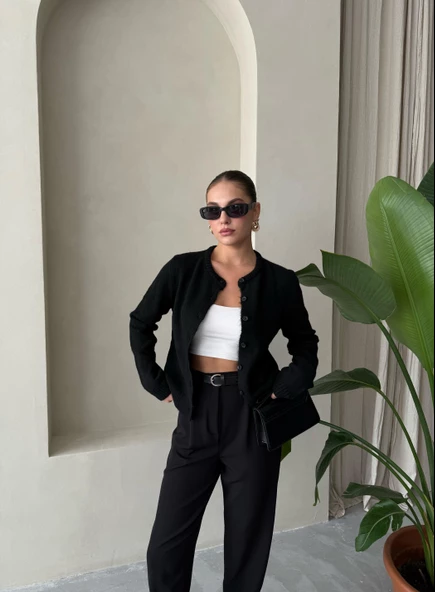 Siyah Shake Düğmeli Basic Hırka - 3