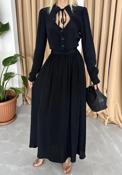 Siyah Önü Britli Ve Kemerli Vintage Elbise