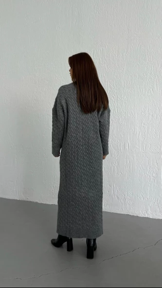 Gri Saç Örgü Kalın Triko Elbise - 6