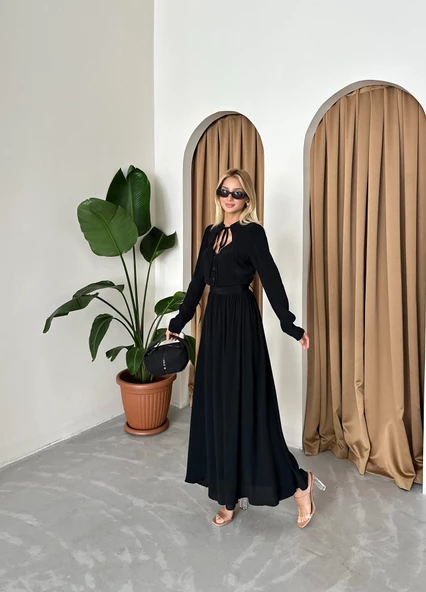 Siyah Önü Britli Ve Kemerli Vintage Elbise - 5