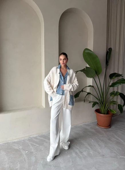 Krem Denim Detaylı Cepli Triko Hırka - 7