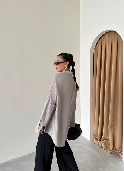 Gri Oversize Düşük Omuz Keten Gömlek - 6