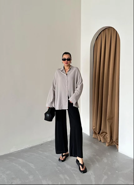 Gri Oversize Düşük Omuz Keten Gömlek - 4