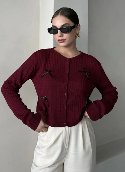 Bordo Mini Kurdele Düğmeli Hırka