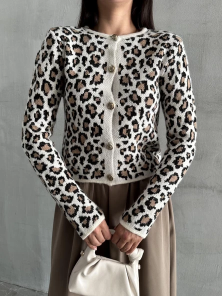Ekru Leopar Twin Düğmeli Triko Hırka - 2