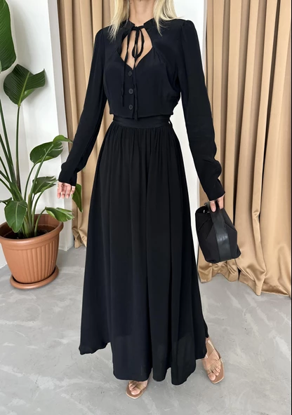 Siyah Önü Britli Ve Kemerli Vintage Elbise - 3