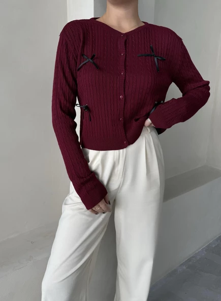 Bordo Mini Kurdele Düğmeli Hırka - Resim 2