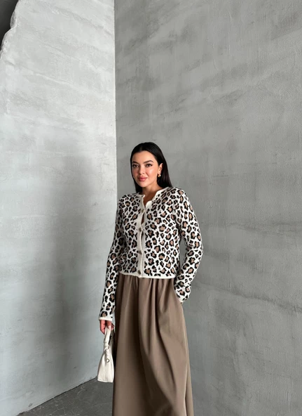 Ekru Leopar Twin Düğmeli Triko Hırka - 6