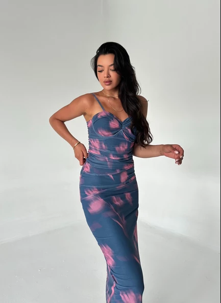 Lacivert İnce Askılı Batik Desen Tül Elbise - 3