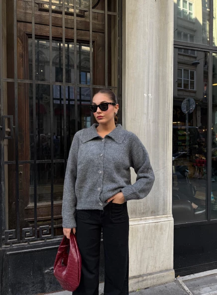 Antrasit Taşlı Fiyonk Düğmeli Hırka - Resim 4