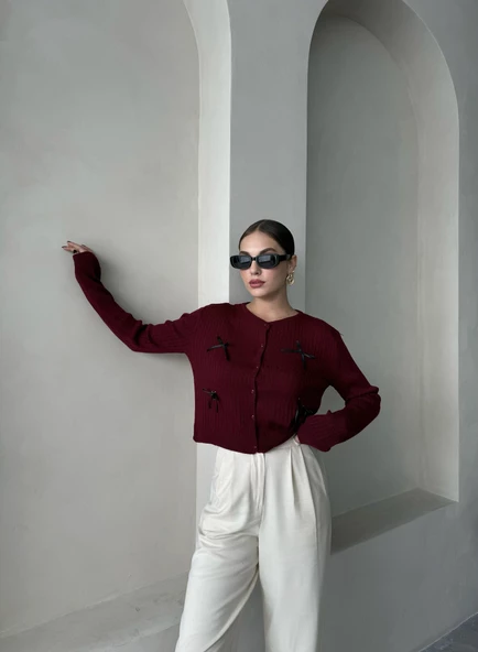 Bordo Mini Kurdele Düğmeli Hırka - Resim 6