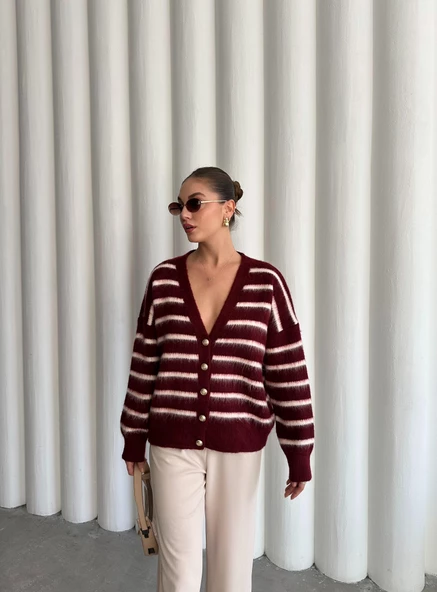 Bordo-Ekru Yumoş Enine Çizgili Hırka - 7