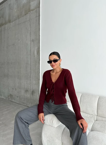 Bordo Three Bağlamalı Hırka - 6