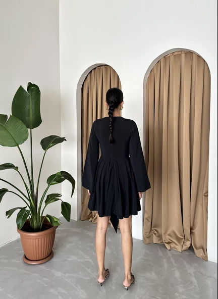 Siyah Flare Kol Mini Elbise - 5
