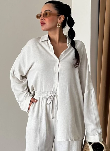 Taş Oversize Düşük Omuz Keten Gömlek - 2