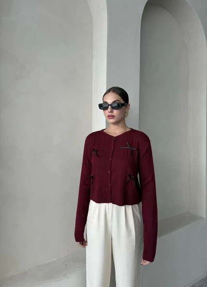 Bordo Mini Kurdele Düğmeli Hırka - Resim 7