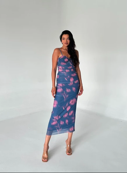 Lacivert İnce Askılı Batik Desen Tül Elbise - 4