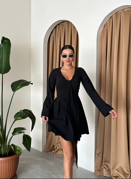 Siyah Flare Kol Mini Elbise - 3