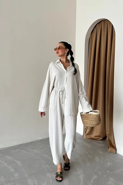 Taş Oversize Düşük Omuz Keten Gömlek - 4
