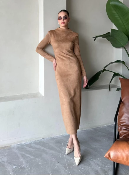 Kahve Nancy Süet Midi Boy Elbise