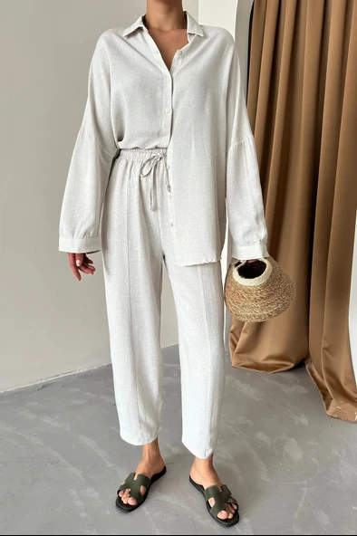 Taş Oversize Düşük Omuz Keten Gömlek - 3