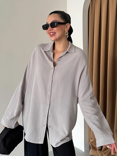 Gri Oversize Düşük Omuz Keten Gömlek - 2
