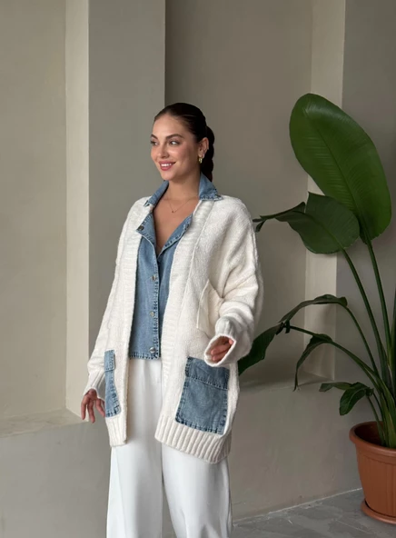 Krem Denim Detaylı Cepli Triko Hırka - 4