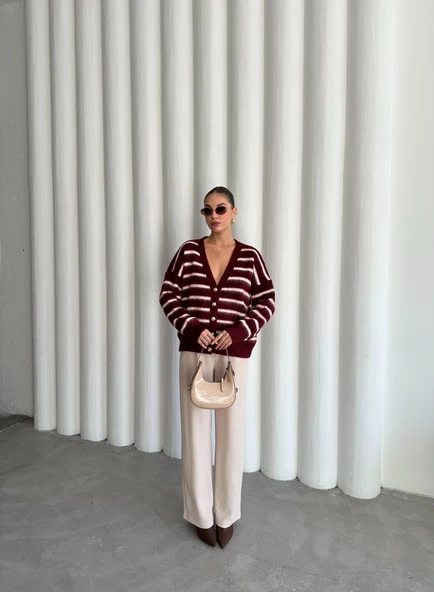 Bordo-Ekru Yumoş Enine Çizgili Hırka - 6
