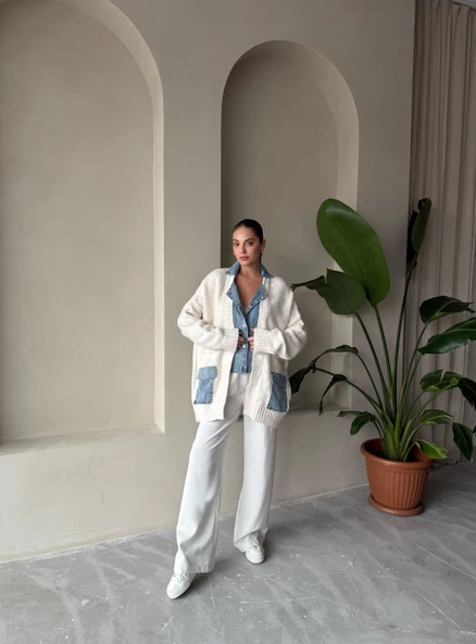 Krem Denim Detaylı Cepli Triko Hırka - 9