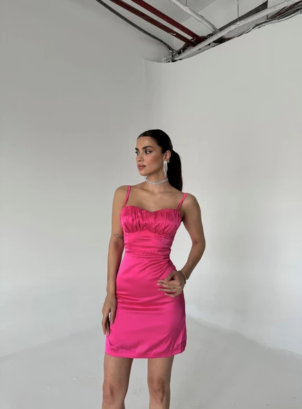 Fuşya Askılı Mini Saten Elbise - 3