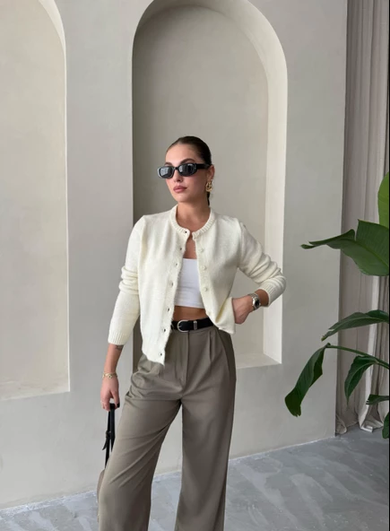 Krem Shake Düğmeli Basic Hırka - 3