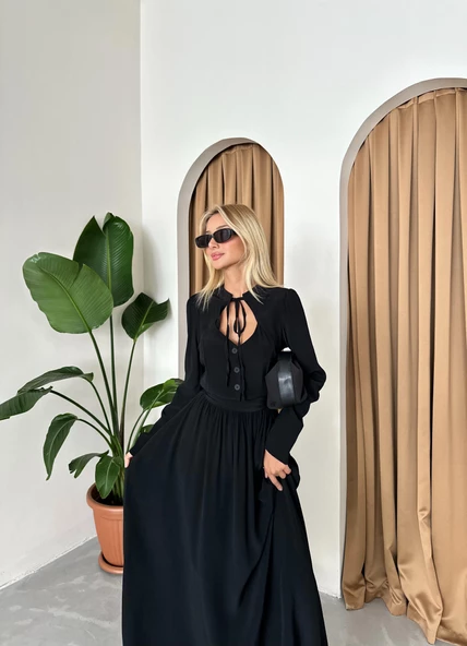 Siyah Önü Britli Ve Kemerli Vintage Elbise - 8
