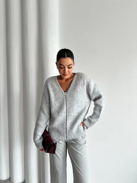 Gri Çoklu Mini Taşlı Fermuarlı Hırka - 4