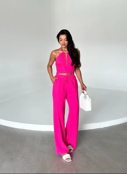 Fuşya Crop Pantolon Müslin Takım - 3