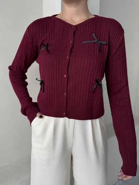 Bordo Mini Kurdele Düğmeli Hırka - Resim 3