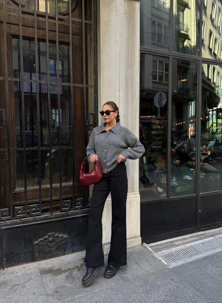 Antrasit Taşlı Fiyonk Düğmeli Hırka - Resim 5