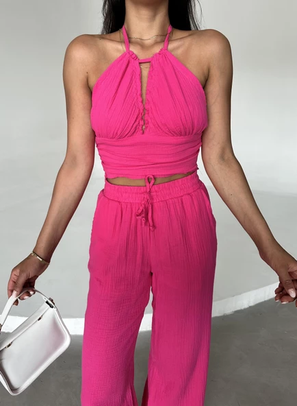 Fuşya Crop Pantolon Müslin Takım - 2