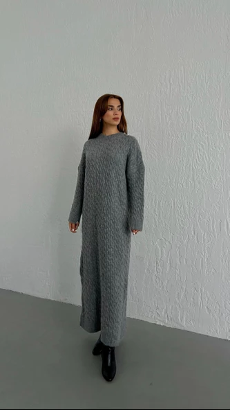 Gri Saç Örgü Kalın Triko Elbise - 5