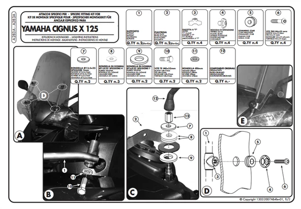 Kappa A283AK YAMAHA CIGNUS X 125 (07-15) Rüzgar Siperlik Baglantisi