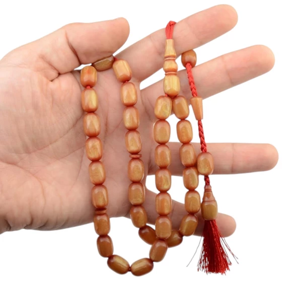 Özel Seri Simli Hamur Saray Püsküllü 13x9 mm Kapsül Kesim Sıkma Kehribar Tesbih - Resim 2