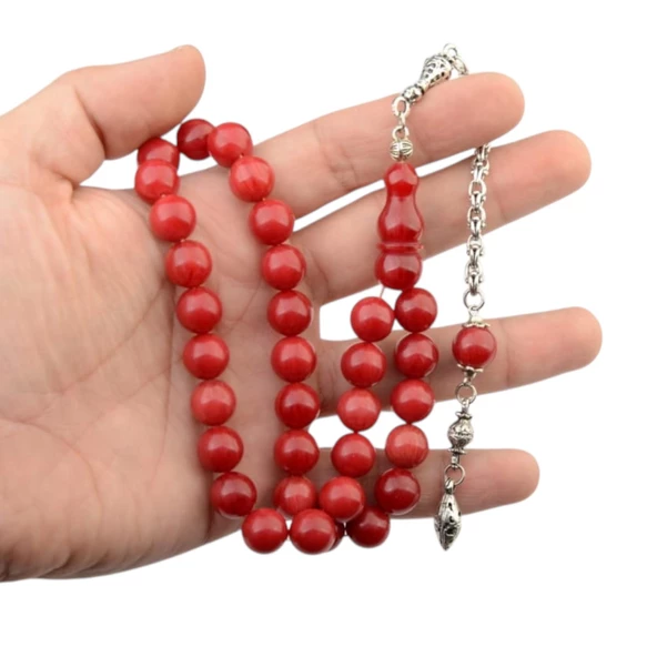 Özel Seri Alpaka Püsküllü 11x11 mm Küre Kesim Sıkma Kehribar Tesbih - Resim 2