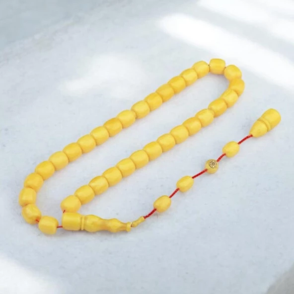 Özel Seri İmzalı Sistem Püsküllü 9x8 mm Fıçı Kesim Sıkma Kehribar Tesbih