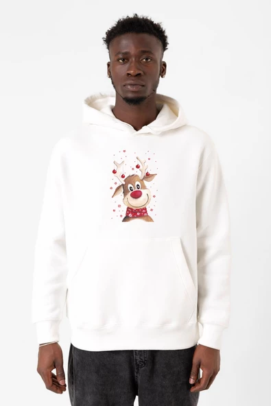Watercolor Christmas Deer Beyaz Erkek 3ip Kapşonlu Sweatshirt